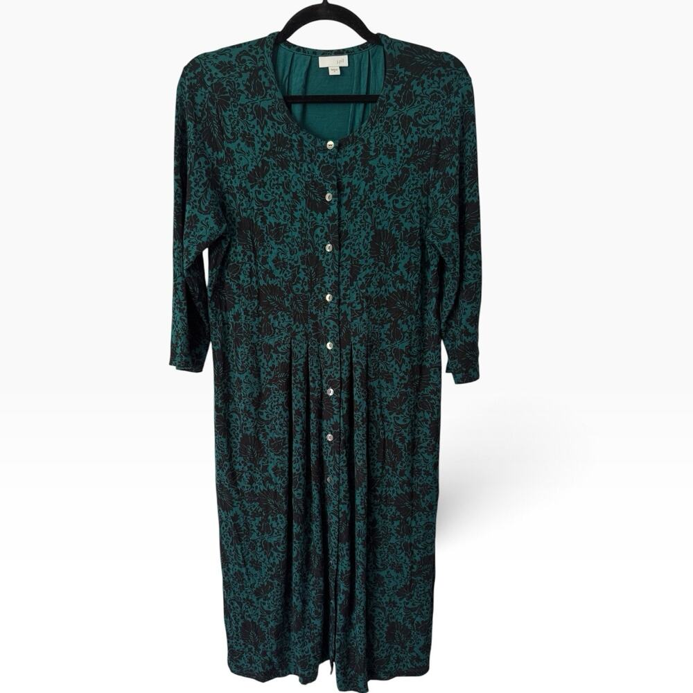J. Jill Green Button Front Jersey Knit Midi Dress Black Floral Size Medium